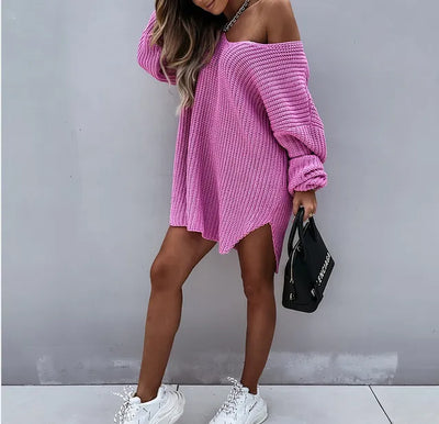 Women's Oversized Knit Sweater Dress - Chunky Knit - Off-Shoulder - Long Sleeve Cozy Fit