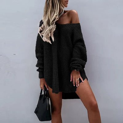Women's Oversized Knit Sweater Dress - Chunky Knit - Off-Shoulder - Long Sleeve Cozy Fit