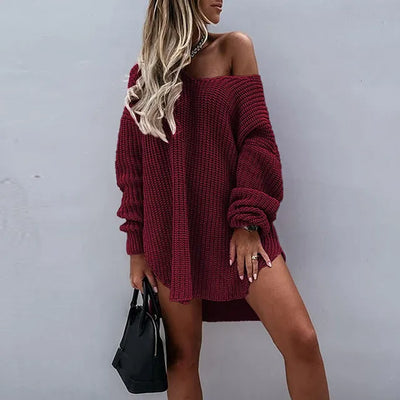 Women's Oversized Knit Sweater Dress - Chunky Knit - Off-Shoulder - Long Sleeve Cozy Fit