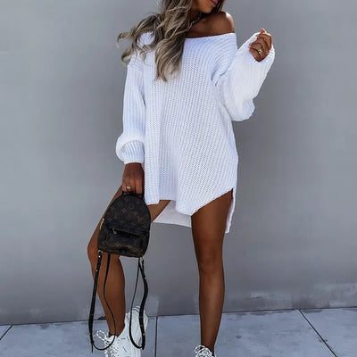 Women's Oversized Knit Sweater Dress - Chunky Knit - Off-Shoulder - Long Sleeve Cozy Fit