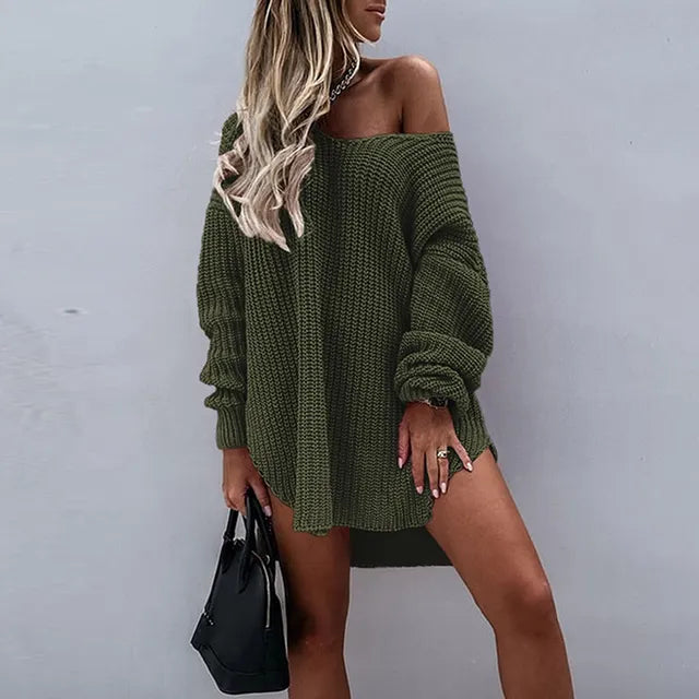 Women's Oversized Knit Sweater Dress - Chunky Knit - Off-Shoulder - Long Sleeve Cozy Fit