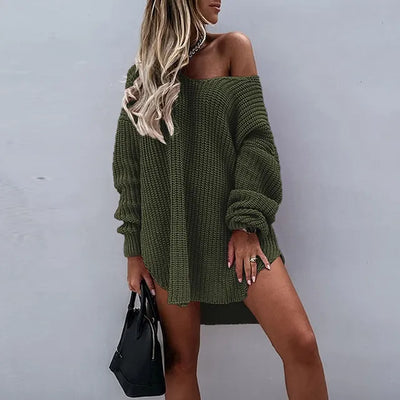 Women's Oversized Knit Sweater Dress - Chunky Knit - Off-Shoulder - Long Sleeve Cozy Fit