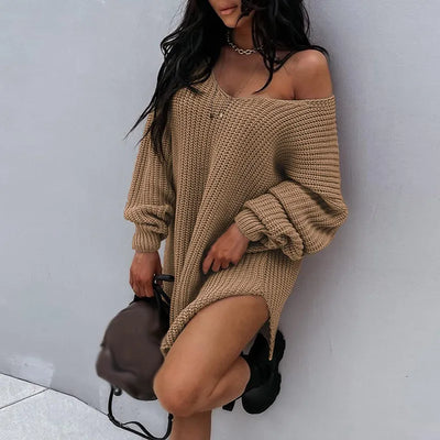Women's Oversized Knit Sweater Dress - Chunky Knit - Off-Shoulder - Long Sleeve Cozy Fit