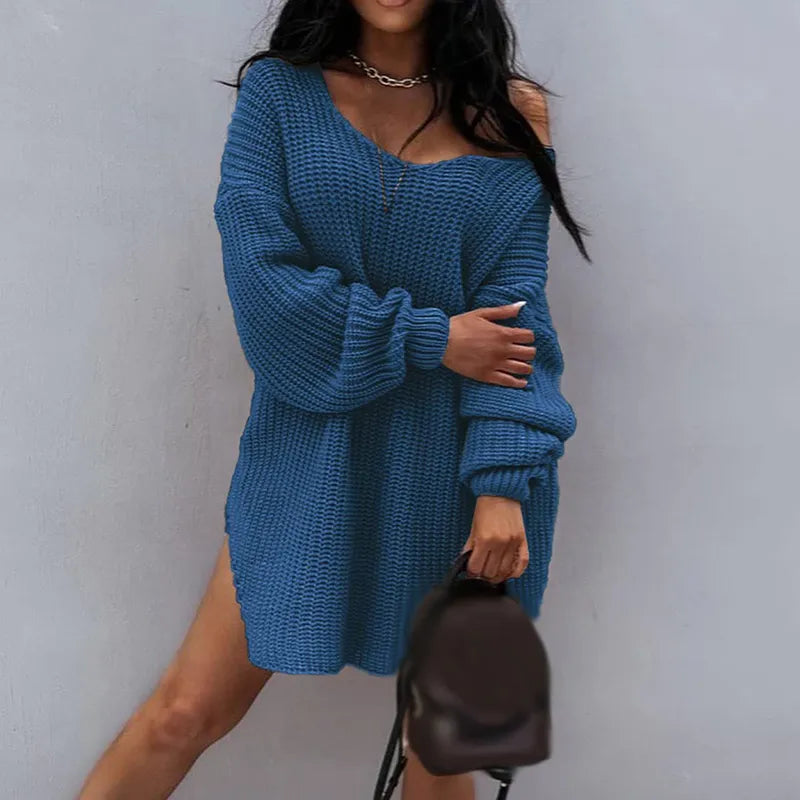 Women's Oversized Knit Sweater Dress - Chunky Knit - Off-Shoulder - Long Sleeve Cozy Fit