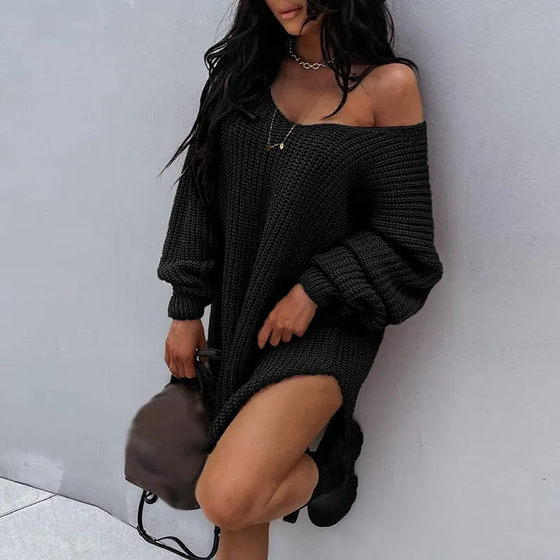 Women's Oversized Knit Sweater Dress - Chunky Knit - Off-Shoulder - Long Sleeve Cozy Fit