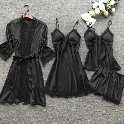 Women’s Satin Sleepwear Set – Lace Trim – Robe, Chemise, Camisole, Shorts & Trousers