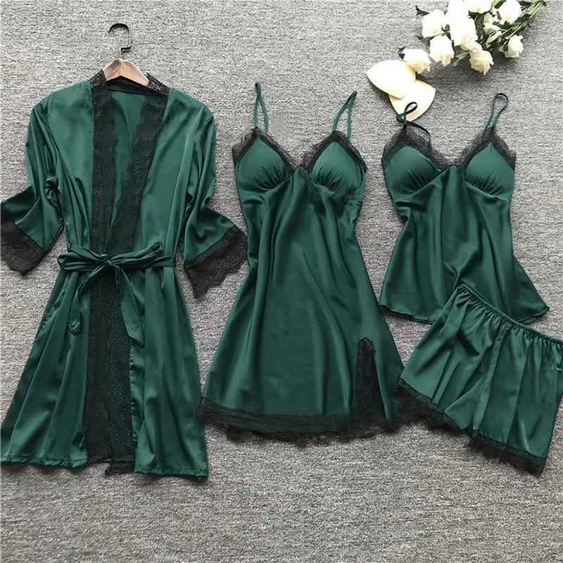 Women’s Satin Sleepwear Set – Lace Trim – Robe, Chemise, Camisole, Shorts & Trousers