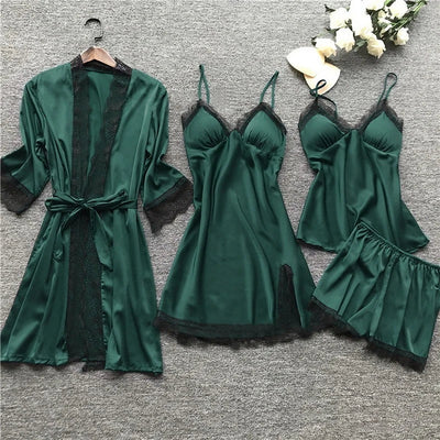 Women’s Satin Sleepwear Set – Lace Trim – Robe, Chemise, Camisole, Shorts & Trousers