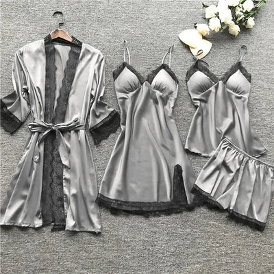Women’s Satin Sleepwear Set – Lace Trim – Robe, Chemise, Camisole, Shorts & Trousers