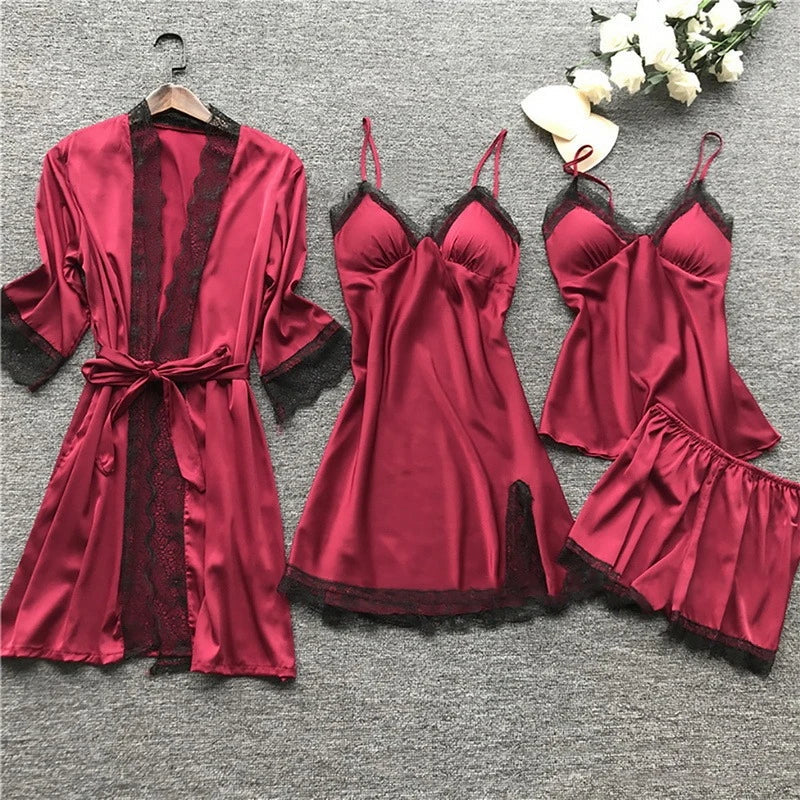Women’s Satin Sleepwear Set – Lace Trim – Robe, Chemise, Camisole, Shorts & Trousers