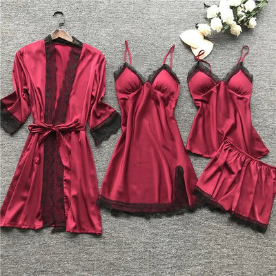 Women’s Satin Sleepwear Set – Lace Trim – Robe, Chemise, Camisole, Shorts & Trousers