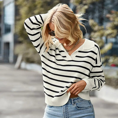 Women's Striped Knit Sweater - Collared V-Neck - Long Sleeve - Casual Preppy Style
