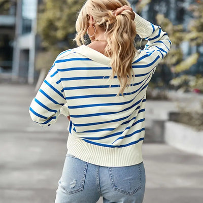 Women's Striped Knit Sweater - Collared V-Neck - Long Sleeve - Casual Preppy Style