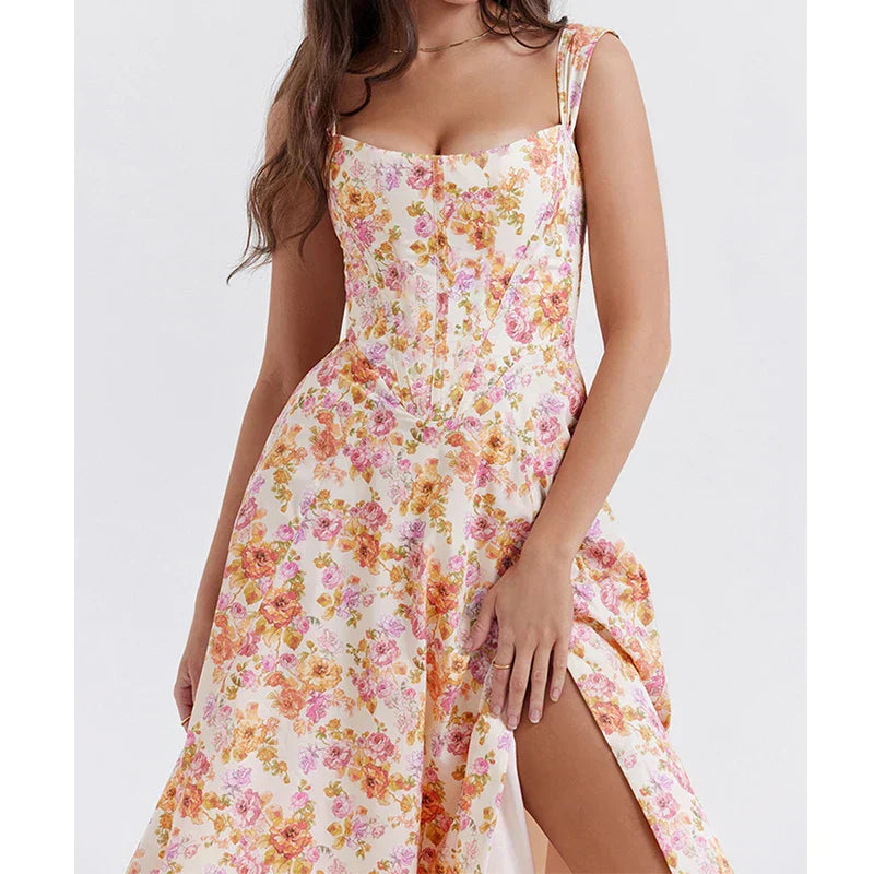 Women’s Corset Midi Dress – Fitted Bodice – A-Line – Side Slit – Floral Print
