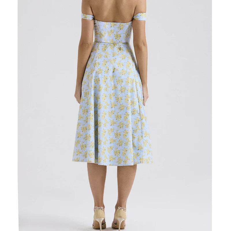 Women’s Corset Midi Dress – Fitted Bodice – A-Line – Side Slit – Floral Print