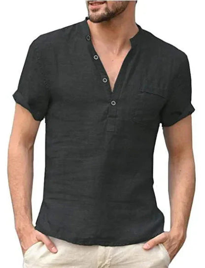 Men’s Linen Shirt - Mandarin Collar - Short Sleeve - Breathable Casual Wear