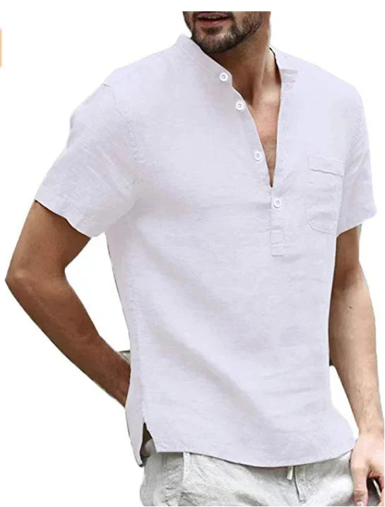 Men’s Linen Shirt - Mandarin Collar - Short Sleeve - Breathable Casual Wear