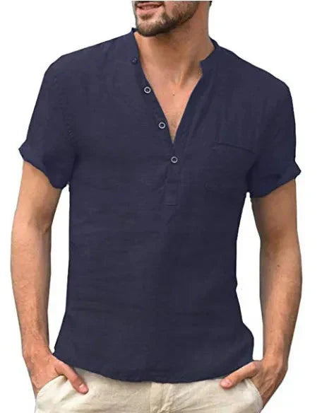 Men’s Linen Shirt - Mandarin Collar - Short Sleeve - Breathable Casual Wear