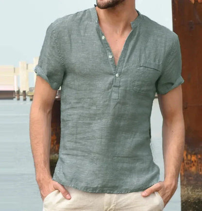 Men’s Linen Shirt - Mandarin Collar - Short Sleeve - Breathable Casual Wear