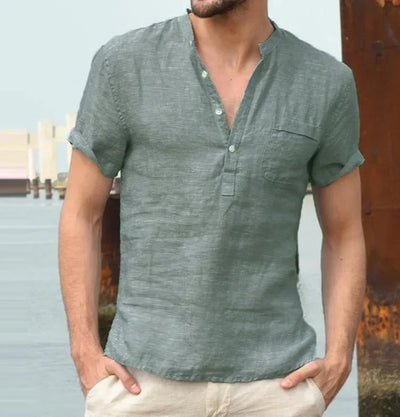 Men’s Short Sleeve Shirt – Natural Fibers – Regular Fit – Band Collar – Button Placket
