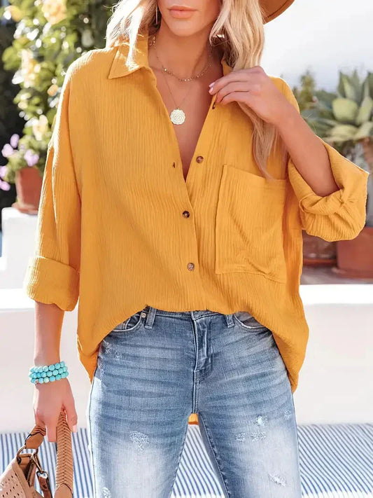Women’s Blouse – Relaxed Fit – Crinkled Texture – Button Front – Breathable Blend