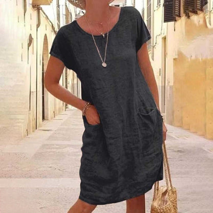 Women's T-Shirt Dress - Lightweight Linen Blend - Relaxed Fit - Short Sleeve - Knee-Length