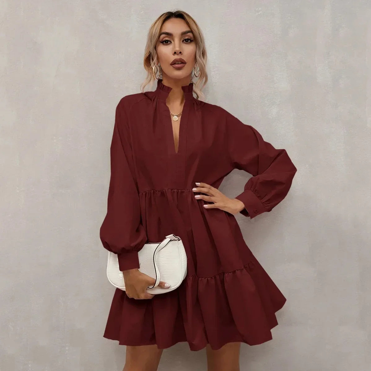 Women's A-Line Dress - Tiered Flowy Fit - Long Sleeve V-Neck - Elegant and Lightweight