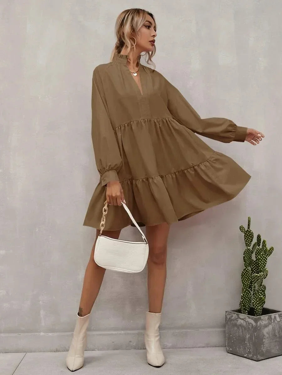 Women's A-Line Dress - Tiered Flowy Fit - Long Sleeve V-Neck - Elegant and Lightweight