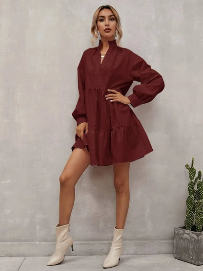 Women's A-Line Dress - Tiered Flowy Fit - Long Sleeve V-Neck - Elegant and Lightweight