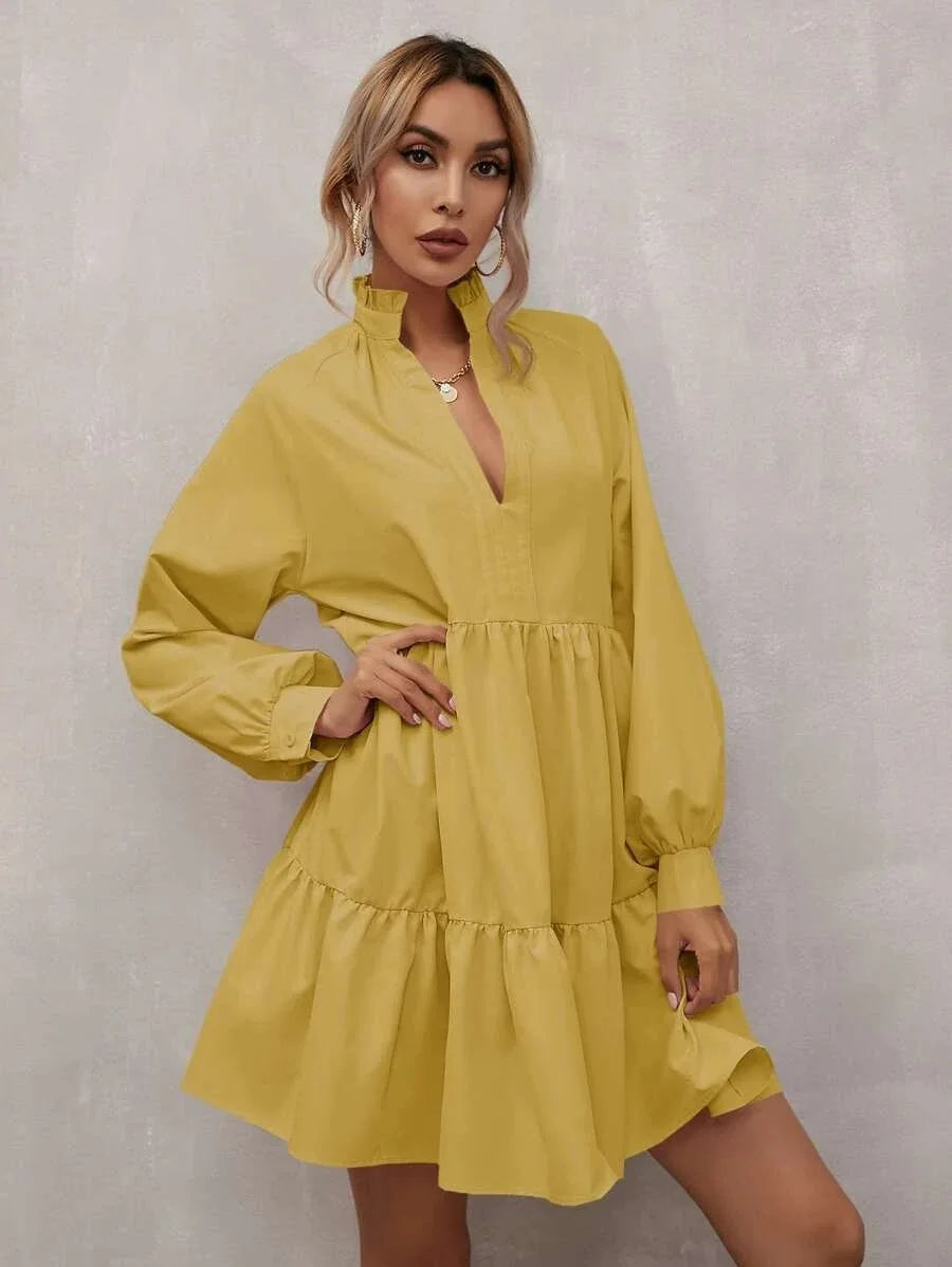 Women's A-Line Dress - Tiered Flowy Fit - Long Sleeve V-Neck - Elegant and Lightweight