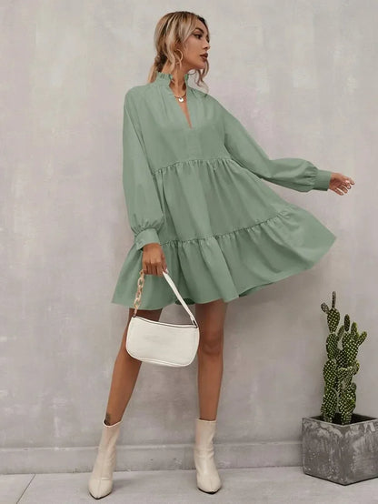Women's A-Line Dress - Tiered Flowy Fit - Long Sleeve V-Neck - Elegant and Lightweight