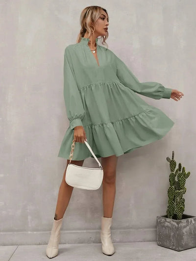 Women's A-Line Dress - Tiered Flowy Fit - Long Sleeve V-Neck - Elegant and Lightweight