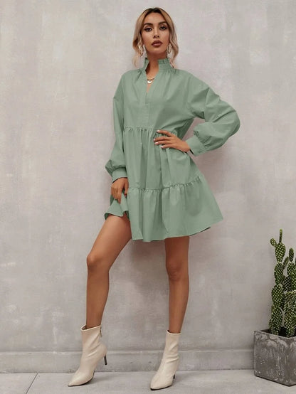 Women's A-Line Dress - Tiered Flowy Fit - Long Sleeve V-Neck - Elegant and Lightweight