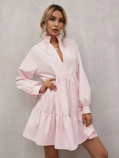 Women's A-Line Dress - Tiered Flowy Fit - Long Sleeve V-Neck - Elegant and Lightweight