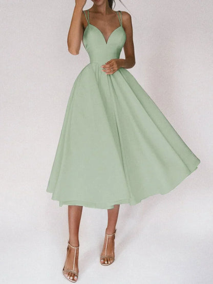 Women's Midi Dress - Sweetheart Neckline - Spaghetti Straps - A-Line Silhouette