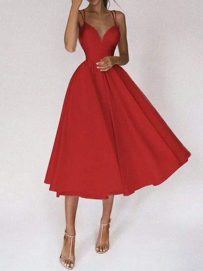 Women's Midi Dress - Sweetheart Neckline - Spaghetti Straps - A-Line Silhouette