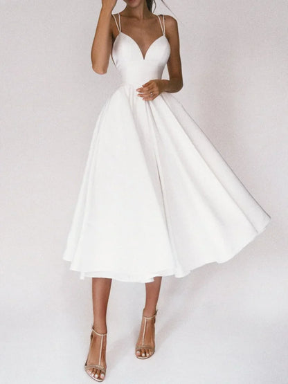 Women's Midi Dress - Sweetheart Neckline - Spaghetti Straps - A-Line Silhouette