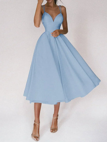 Women's Midi Dress - Sweetheart Neckline - Spaghetti Straps - A-Line Silhouette