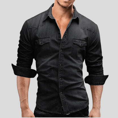 Men’s Denim Shirt - Snap Button Closure - Regular Fit - Long Sleeve Casual Wear