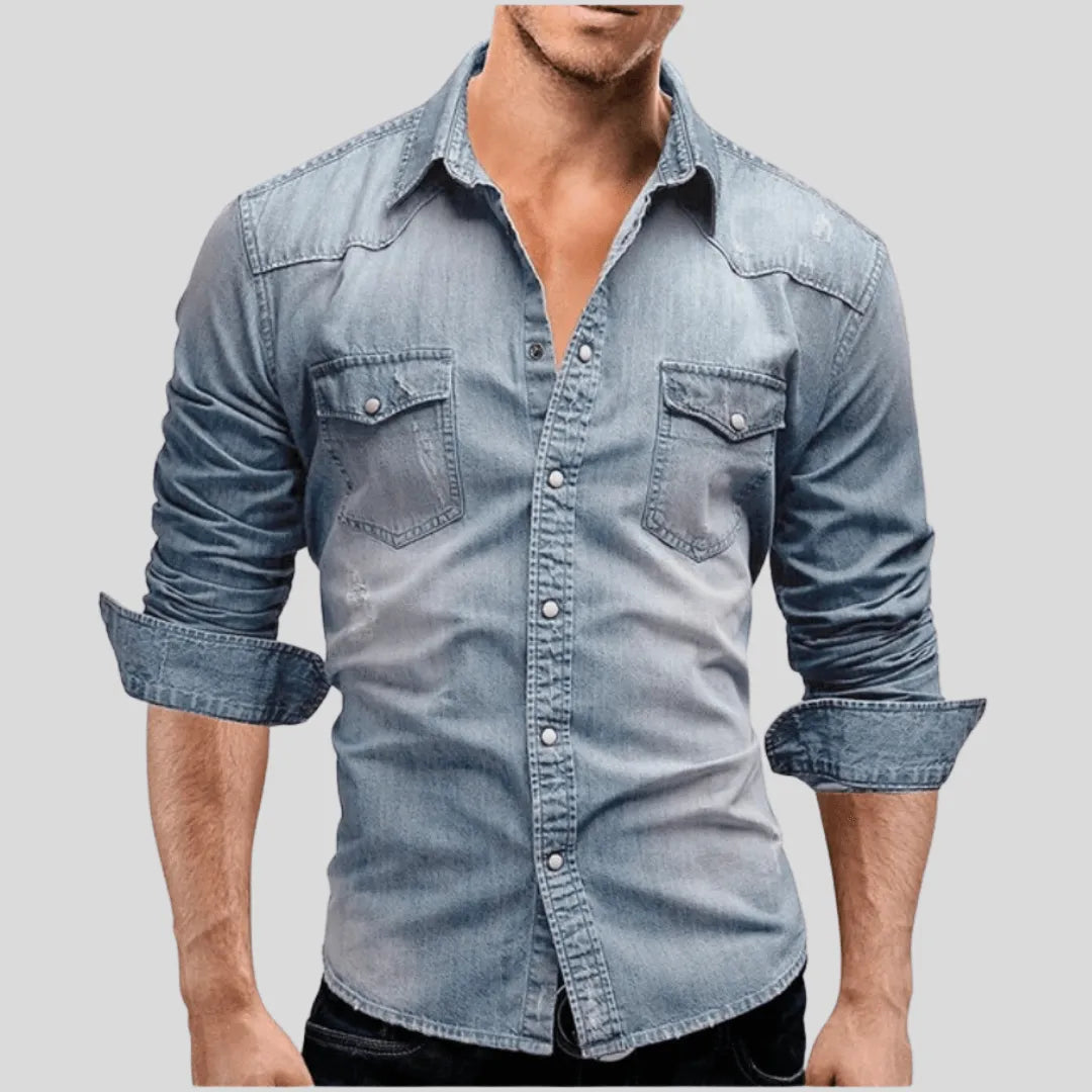 Men’s Denim Shirt - Snap Button Closure - Regular Fit - Long Sleeve Casual Wear