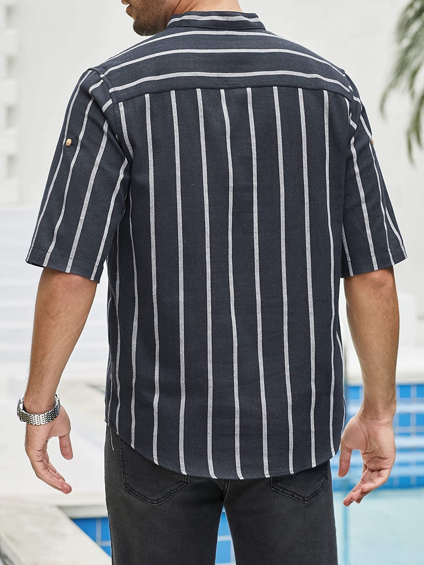 Men’s Casual Shirt - Vertical Stripes - Band Collar - Short Sleeve Relaxed Fit