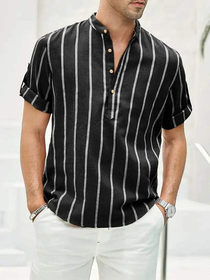 Men’s Casual Shirt - Vertical Stripes - Band Collar - Short Sleeve Relaxed Fit