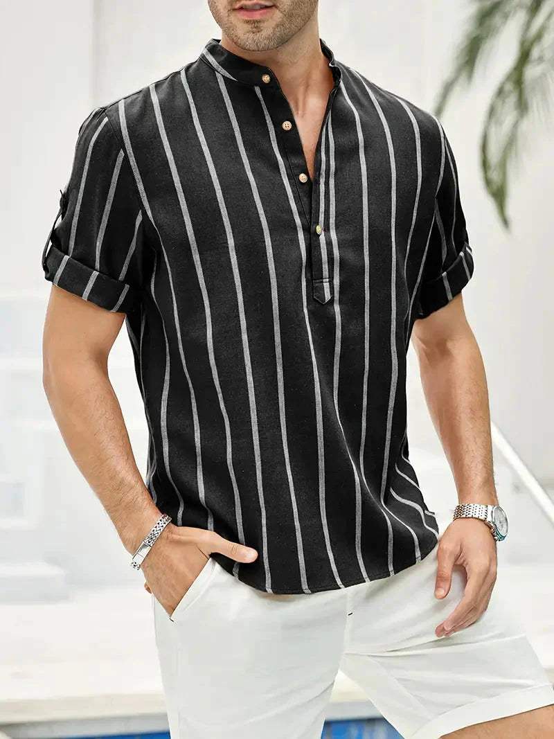 Men’s Casual Shirt - Vertical Stripes - Band Collar - Short Sleeve Relaxed Fit