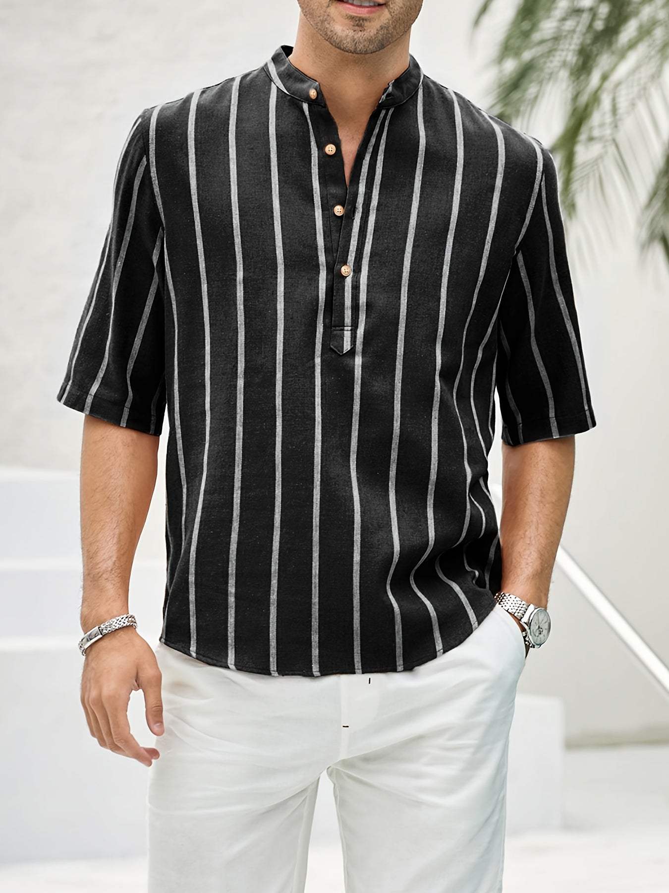 Men’s Casual Shirt - Vertical Stripes - Band Collar - Short Sleeve Relaxed Fit