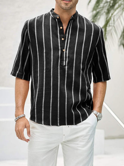 Men’s Casual Shirt - Vertical Stripes - Band Collar - Short Sleeve Relaxed Fit