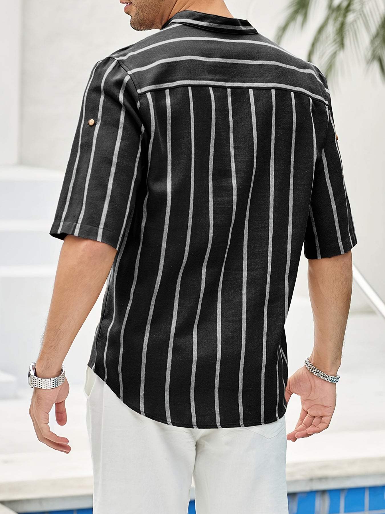 Men’s Casual Shirt - Vertical Stripes - Band Collar - Short Sleeve Relaxed Fit