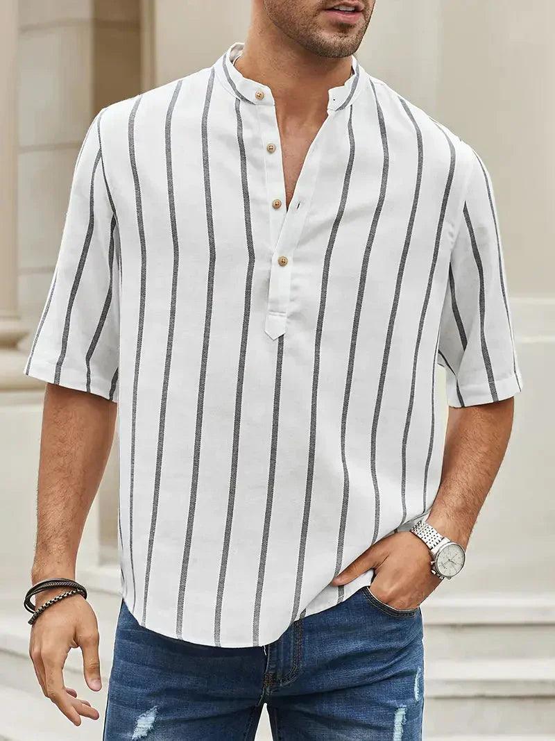 Men’s Casual Shirt - Vertical Stripes - Band Collar - Short Sleeve Relaxed Fit