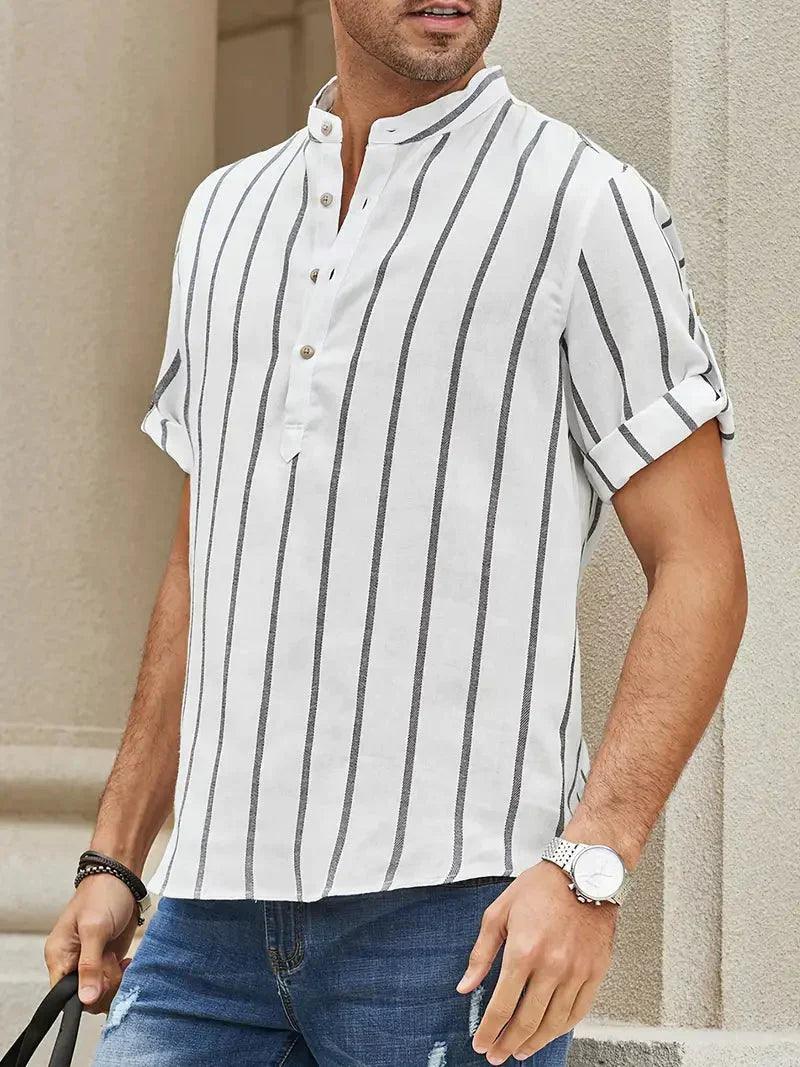 Men’s Casual Shirt - Vertical Stripes - Band Collar - Short Sleeve Relaxed Fit