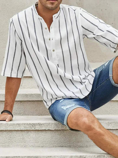 Men’s Casual Shirt - Vertical Stripes - Band Collar - Short Sleeve Relaxed Fit