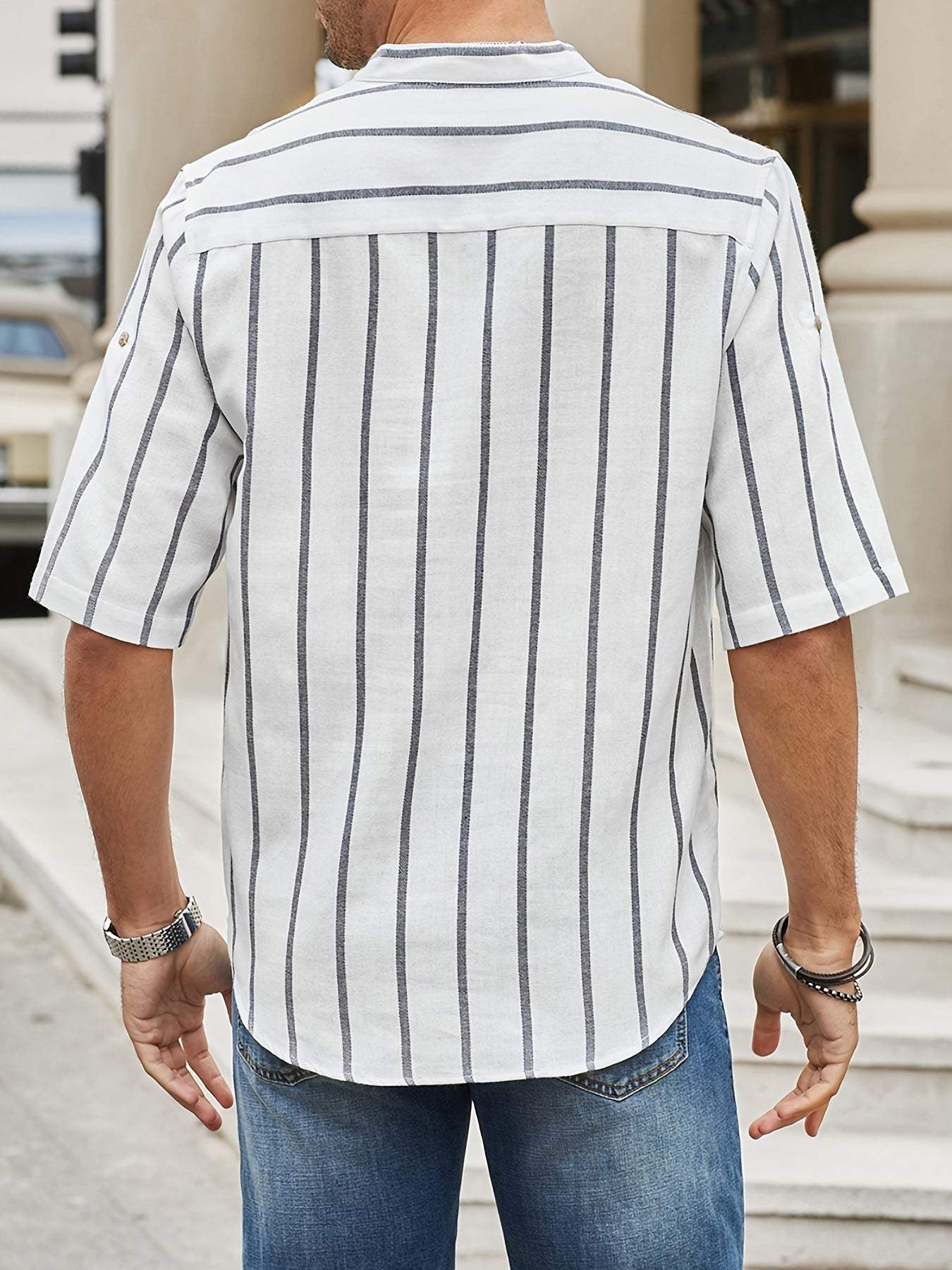 Men’s Casual Shirt - Vertical Stripes - Band Collar - Short Sleeve Relaxed Fit